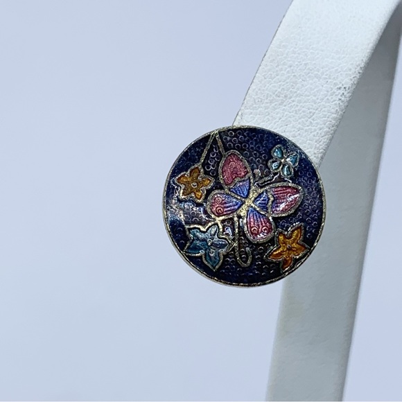 Vintage champleve enamel butterfly clip on earrings - Picture 3 of 9
